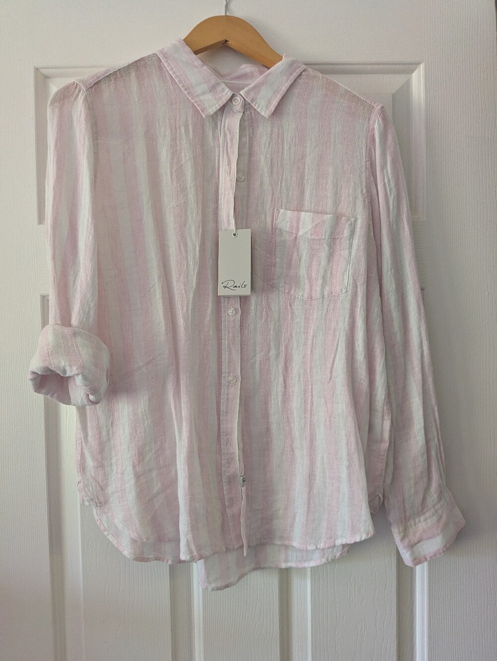 Rails Pink and White Striped Lightweight 100% Linen Button-Down Shirt